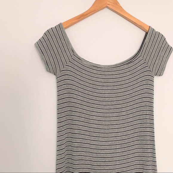 90s Summer Sporty Casual Y2K Stretch Stripe Cap Sleeves Skater Dress in Grey (M) - Picture 3 of 5